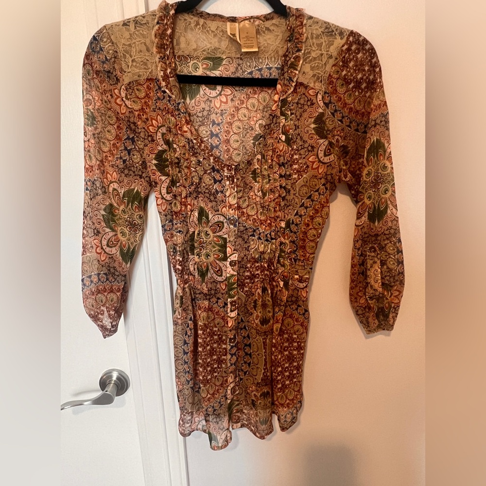 BKE Lace Trim Blouse with Earthy Tones